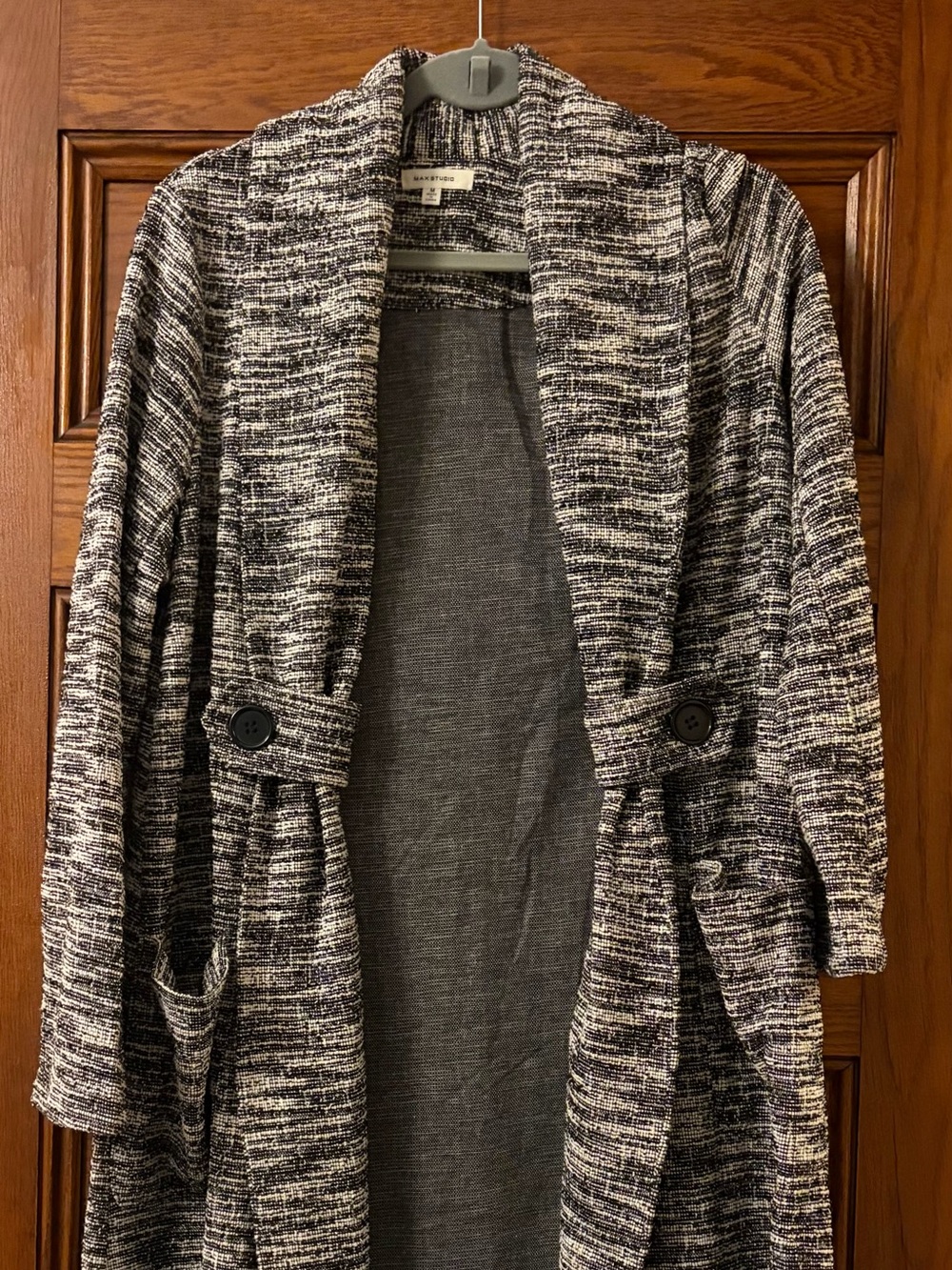 Max Studio Black and White Textured Open-Front Long Cardigan / jacket
